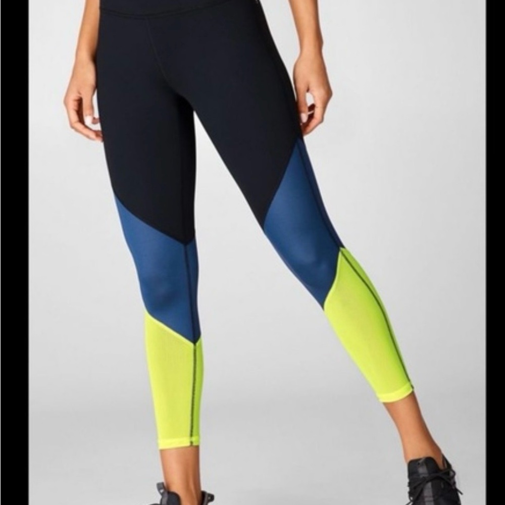 Fabletics Black, Blue & Neon Yellow Colorblock Leggings